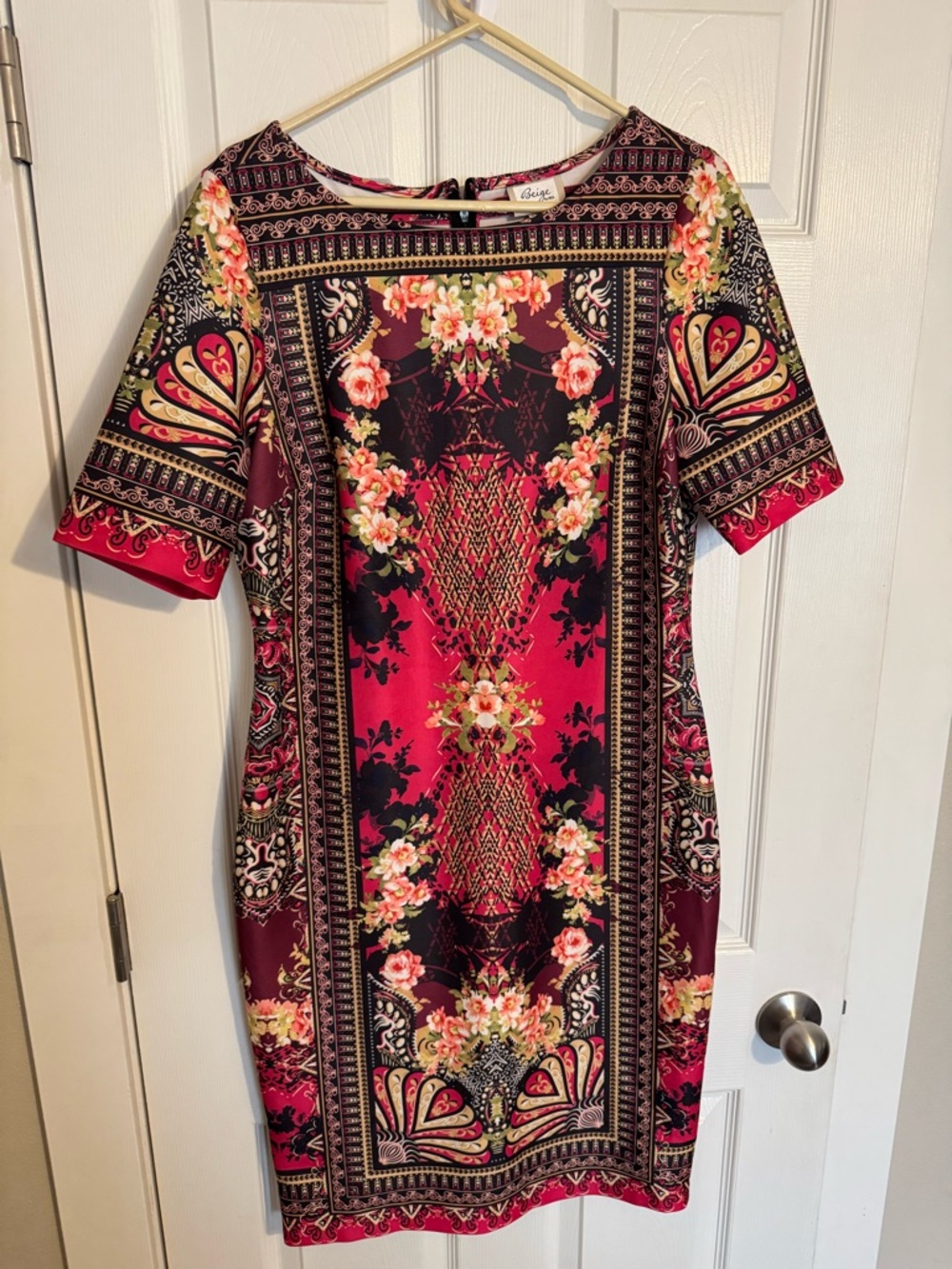 ECI Burgundy and Pink Floral Midi Sheath Dress